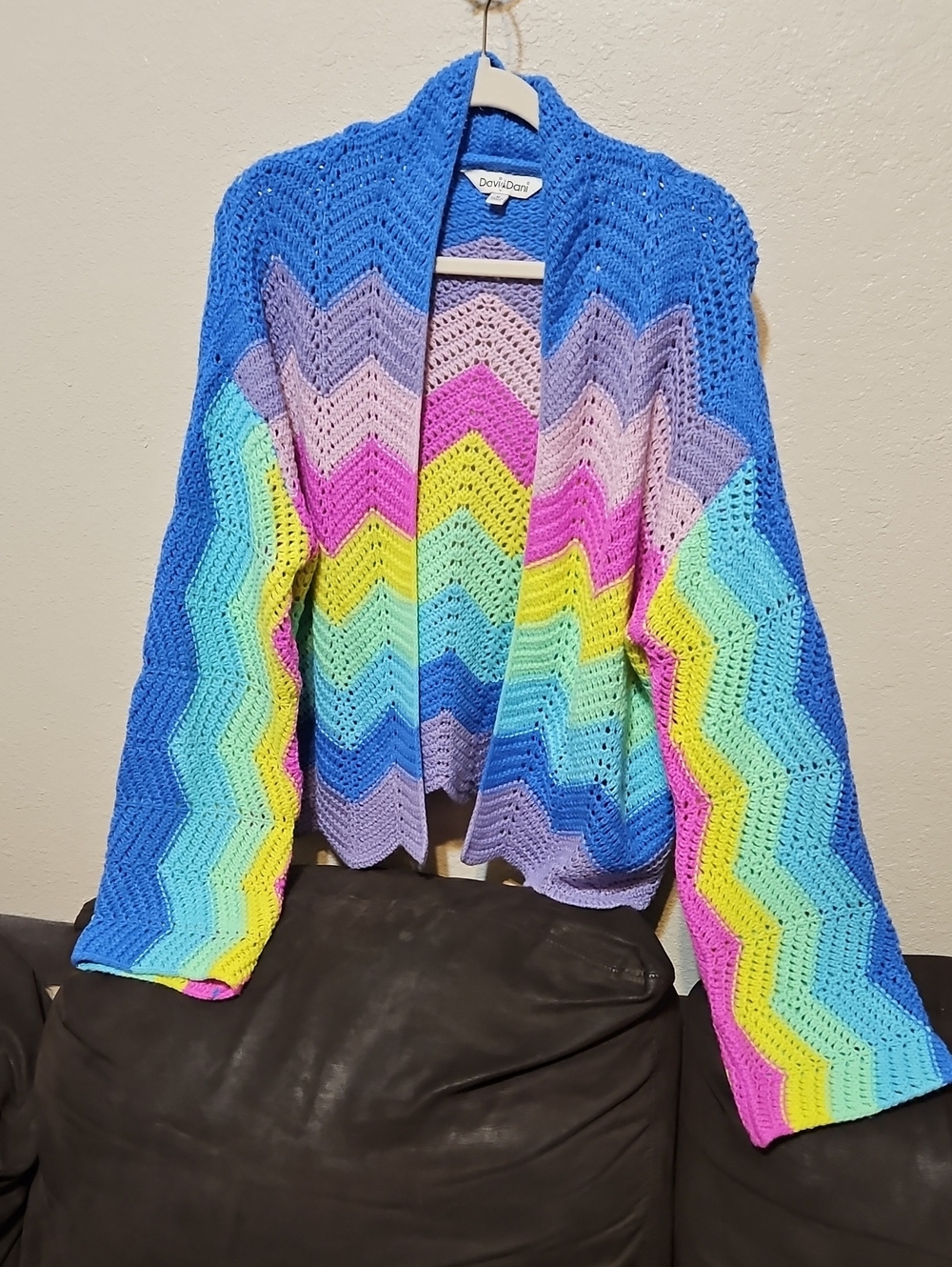 DAVI & DANI Bright Multicolor Chevron Crochet Open-Front Cardigan